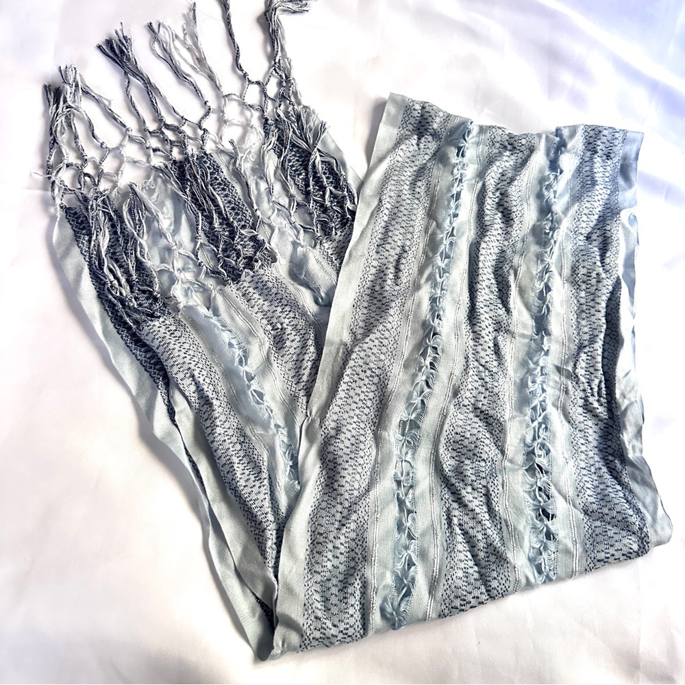 Blue and White Fringed Scarf